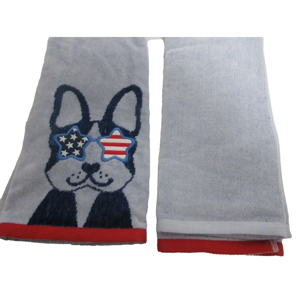 Set of 2 Americana Patriotic Dog Hand Towels Boston Terrier Stars & Stripes Kitc